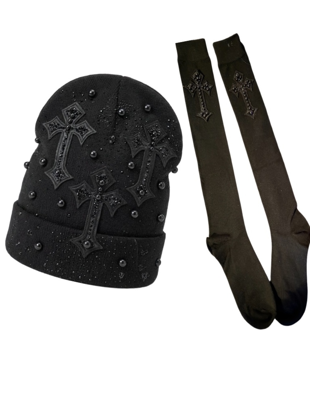 Gothic Black Beanie and Knee-High Socks Set – Embroidered Cross & Pearl Embelli